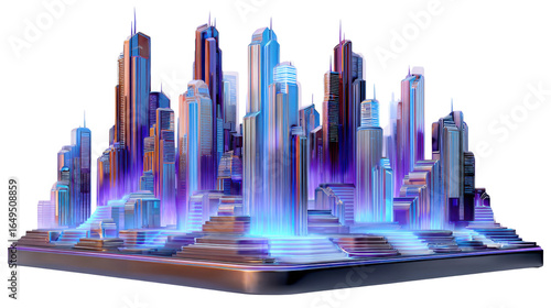 Futuristic Metropolis: A stylized 3D rendering of a modern cityscape glows with vibrant lights and sleek architecture, showcasing the innovative designs and visionary concepts of urban development.