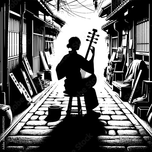 Japanese Street Performer Playing Shamisen