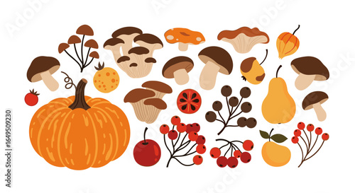 Autumn harvest bounty featuring pumpkins mushrooms fruits and berries