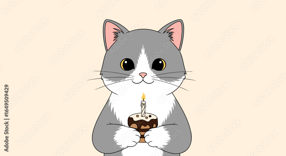 Obraz premium Adorable grey and white cat holding a birthday cake with a single candle