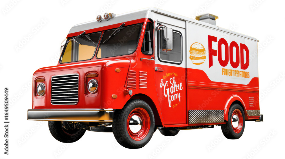 Fototapeta premium Food Truck on Wheels: A vibrant red food truck stands as a mobile restaurant, ready to serve delicious meals with eye-catching design.