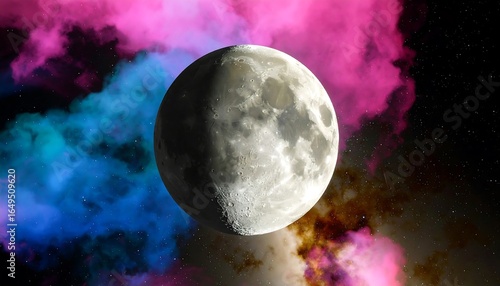 Crescent moon bathed in vibrant space nebulae.