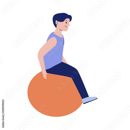 Illustration of young caucasian male sitting on an orange exercise ball.