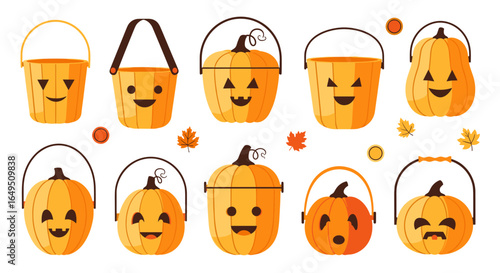 Collection of festive halloween pumpkin buckets with funny faces and autumn leaves for trick or treating