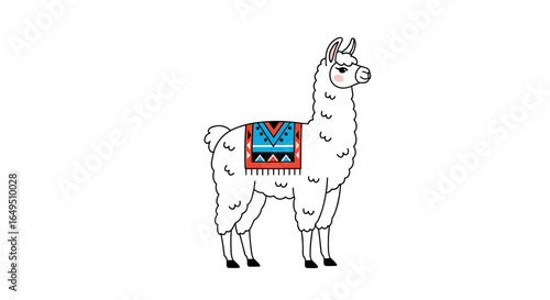 Charming llama wearing a colorful blanket standing still