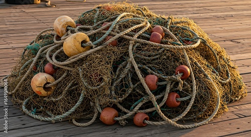 A tangled fishing net with buoys rests on a wooden dock, capturing the details.