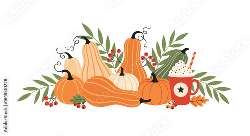 Autumn harvest festival pumpkin arrangement with warm drink