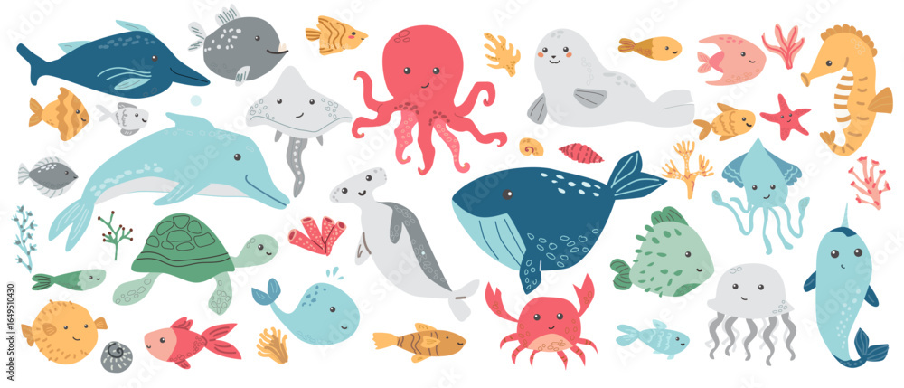 Naklejka premium Colorful marine life illustration featuring whales, dolphins, octopus, seal, and jellyfish, anglerfish, angelfish, turtle, porcupine puffer fish, goldfish, squid, blowfish. Cute aquatic animals set