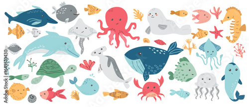 Colorful marine life illustration featuring whales, dolphins, octopus, seal, and jellyfish, anglerfish, angelfish, turtle, porcupine puffer fish, goldfish, squid, blowfish. Cute aquatic animals set