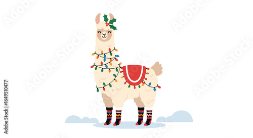 Festive llama decorated with christmas lights wearing striped socks