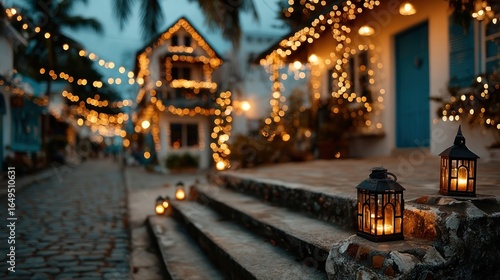 Decorative lights on house entrance with soft bokeh background
