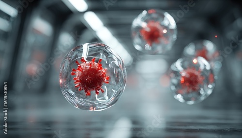 Virus encased in transparent spheres, futuristic setting
