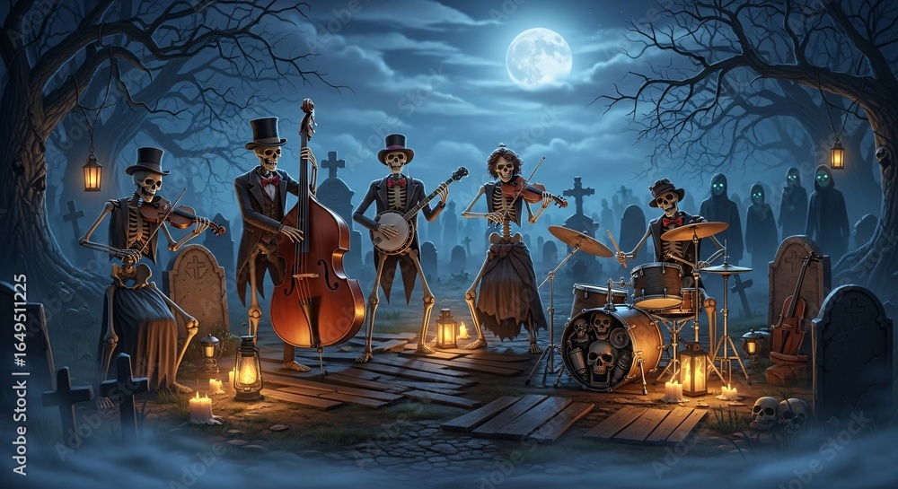 Fototapeta premium Skeleton band plays lively tunes in spooky graveyard under full moon, perfect for Halloween promotions