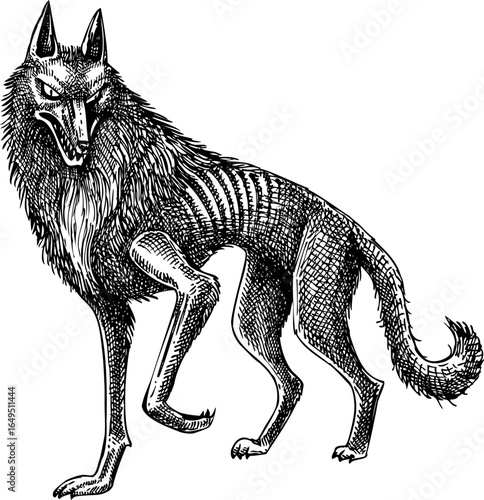 Werewolf sketch. Gothic wolf hand drawn vector illustration. Scary forest animal drawing. NOT AI generated