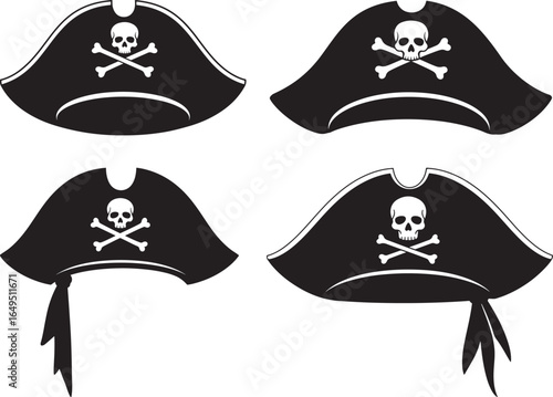 Four black pirate hats with skull and crossbones silhouette