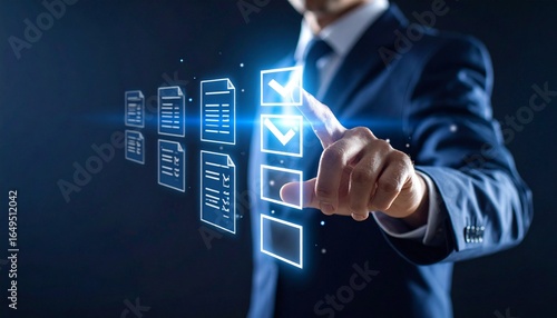 A scene where a man in a suit selects from a virtual checklist floating in the air