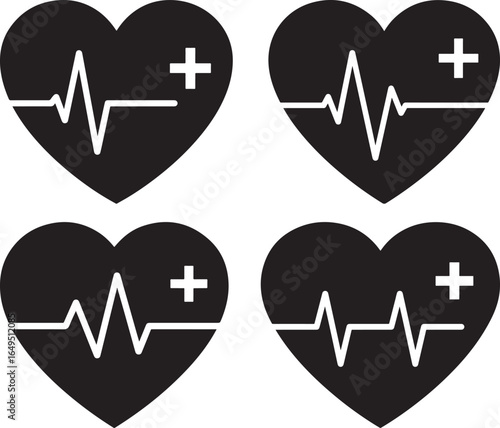 Four heartbeat ekg symbols silhouette