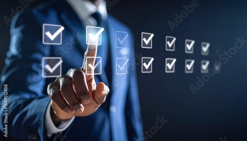 A scene where a man in a suit selects from a virtual checklist floating in the air