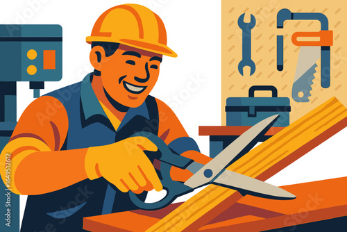 A carpenter is represented by an iconic person wearing a hard hat and holding a handsaw in front of a wooden background