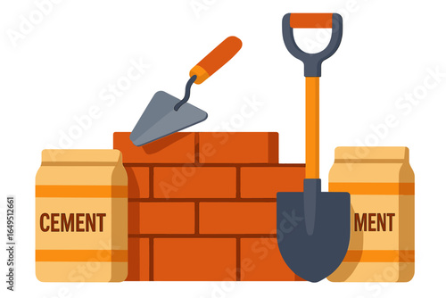 Scene of construction with bricks, cement bags, and trowels for the purpose of building a wall