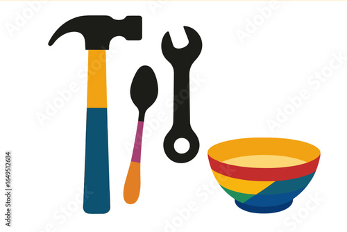 Simple outline illustration depicting stonemason tools such as chisel, mallet, and hammer