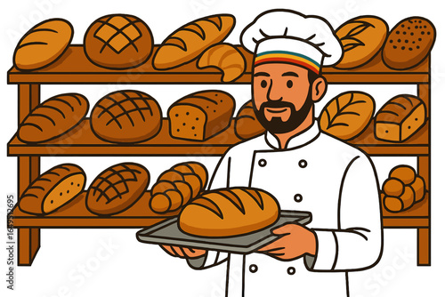 A skilled baker, wearing a chef's hat and apron, presents a tray of freshly baked loaf in his bakery, showcasing the golden-brown crust