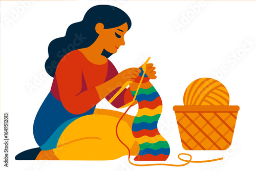 A woman is depicted skillfully weaving a basket in a flat design vector art style