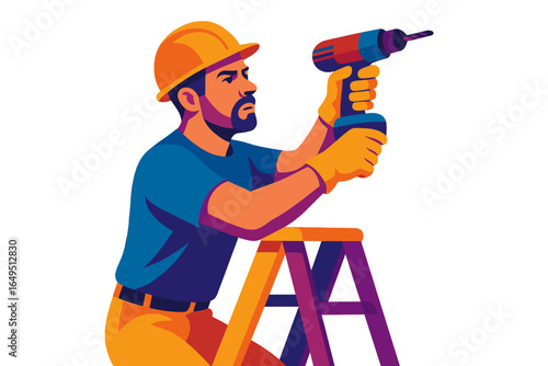 A construction worker wearing a t-shirt and project helmet is depicted in a vector illustration, drilling into a wall while standing on an iron raft ladder