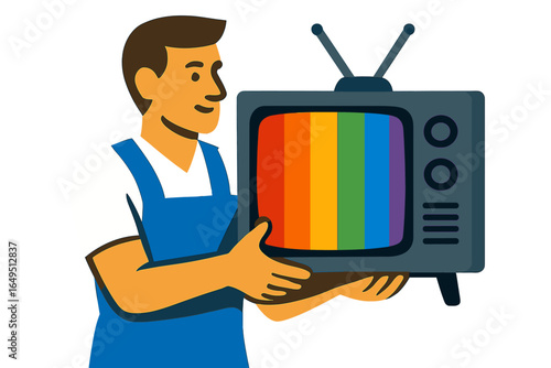 Vector illustration depicting a repairman wearing blue overalls standing beside a metal sink for the purpose of working and making repairs