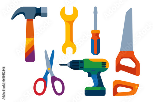 Collection of workshop icons, including simple flat icons for cutting, drilling, welding, sanding, hammering, gluing and sawing in vector format