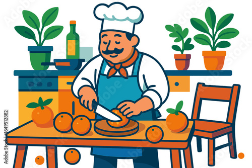 A vibrant depiction of a chef in action, honoring the culinary arts, features a chef in a spotless white uniform at the center of a delightfully stylized kitchen setting