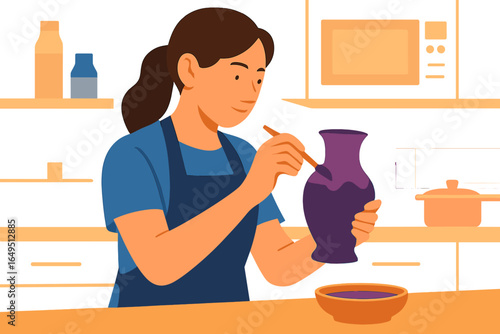 Artist engages in pottery, crafting ceramic vase with brush, while young girl and potter create ware and crockery in an art setting, as depicted in a flat isolated vector illustration on white