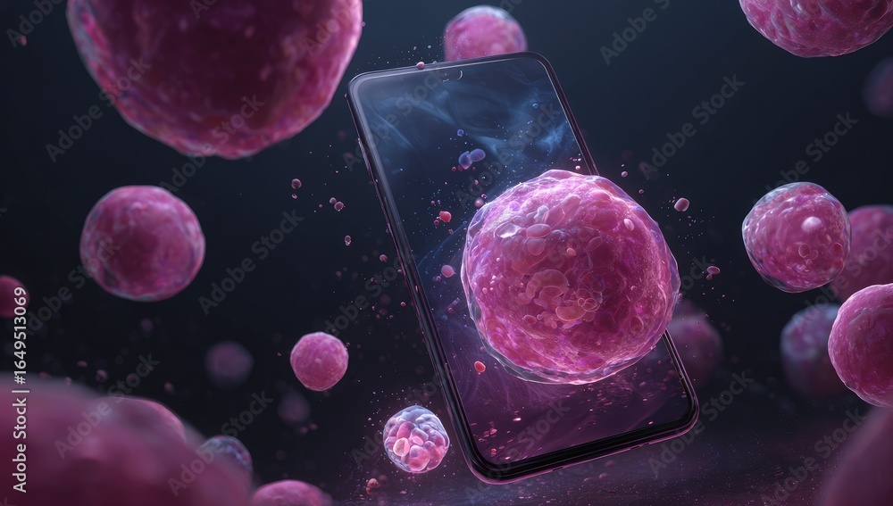 Naklejka premium Futuristic medical device. Pink cells surround a smartphone