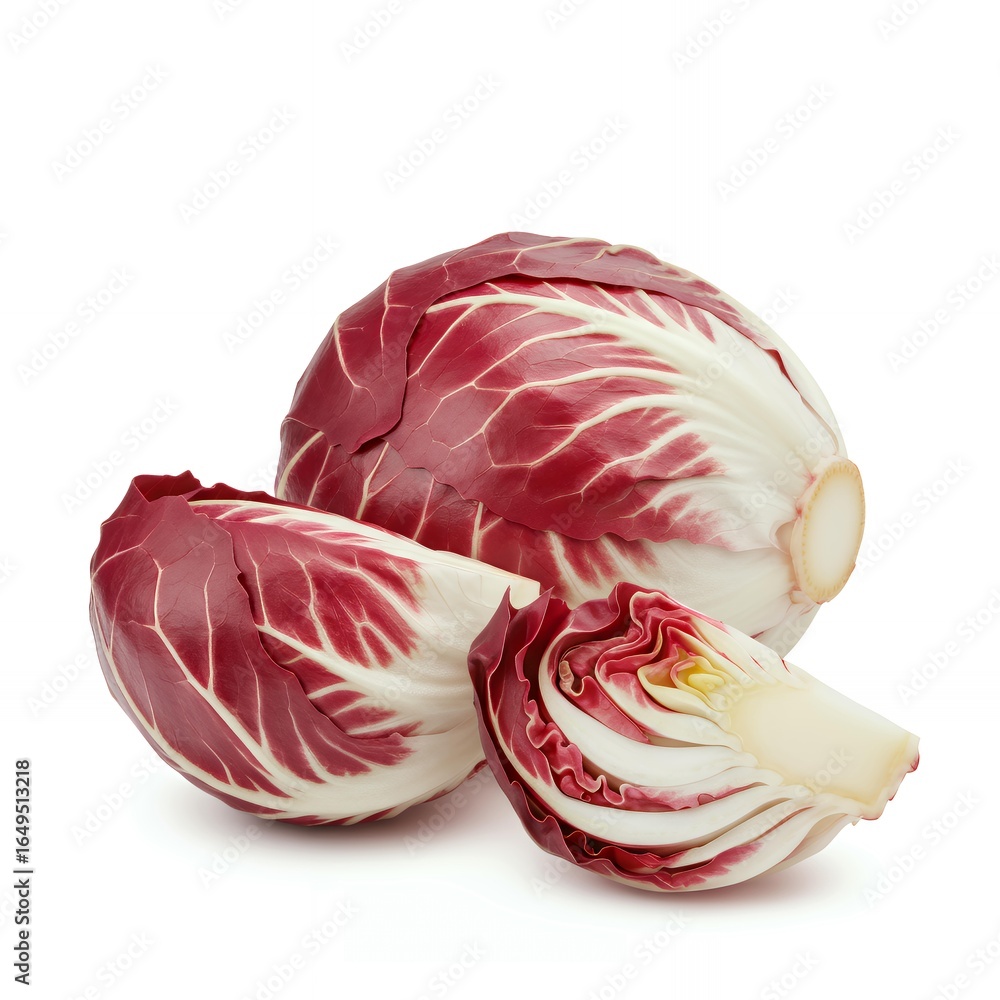 Obraz premium Radicchio lettuce head quartered showing red and white leaf layers with dense yellow core on white background food photography