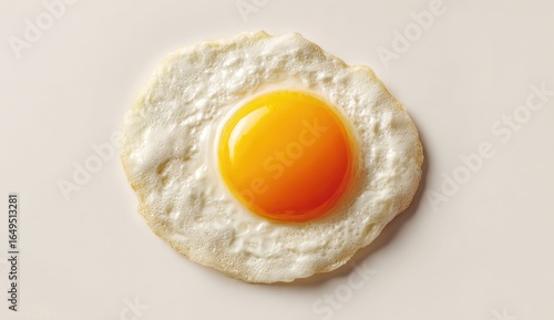 Fried egg, top view.  Golden yolk centered in a circular, cooked egg white.  Light beige background