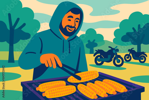 A street food vendor is grilling corn on the roadside as traffic passes by during the golden hour