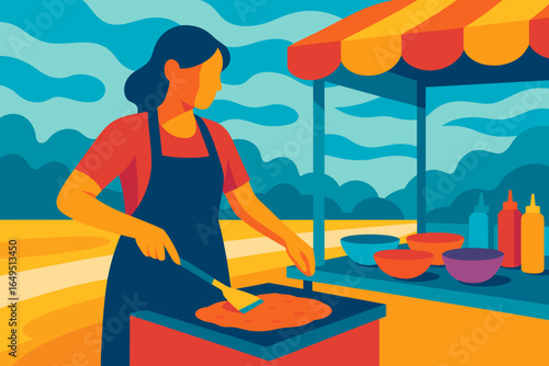 A chef is showcased preparing food amidst a lively night market atmosphere, utilizing a large and dramatic flame to sizzle ingredients and demonstrate intense heat