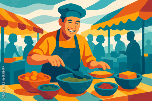 Colorful depiction of a nighttime street food stall with a vendor attending to patrons