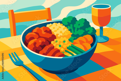 A Taiwanese style rice dish commonly found throughout Taiwan, featuring pork marinated and boiled in soy sauce, served over steamed rice, as depicted in a vector illustration