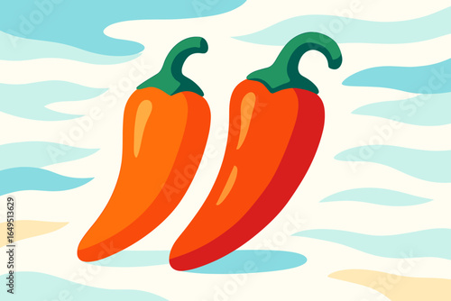 Illustration of spicy chili peppers in modern flat design, serving as an isolated graphic icon for various applications including cooking ingredients, Asian cuisine, restaurant menus, and hot sauce