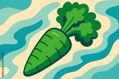 Vector illustration in flat style depicting green daikon radish with leaves, a fresh organic root from the farm used as a raw ingredient in healthy Asian cuisine, characterized by simple botanical