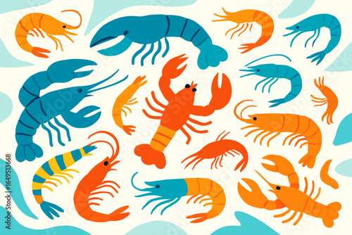 Vector illustration of colorful cute shrimps for seamless pattern, background, wrapping paper, postcard, or print