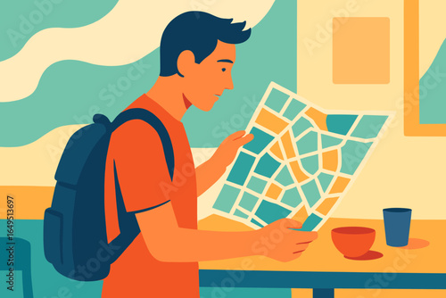 A traveler studies a city map while exploring the local culture in a traditional marketplace