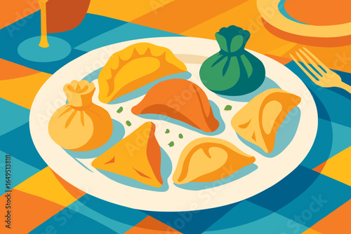 An illustration of Asian cuisine featuring a plate of round steamed buns