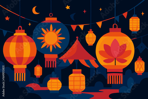 Vector design art featuring a Japanese night market illustration with lanterns, food stall, and torii gate aesthetic is available here