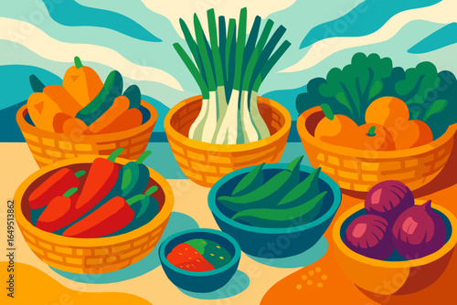 A lively Thai marketplace features an array of colorful spices, herbs, fresh produce, and people, amidst a bustling atmosphere and numerous food stalls