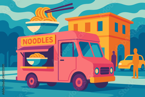 Cartoon vector illustration of a food truck or van serving Asian noodles at a street food festival, with a sign on the roof representing a fast food vendor kiosk booth for a street market and Asian