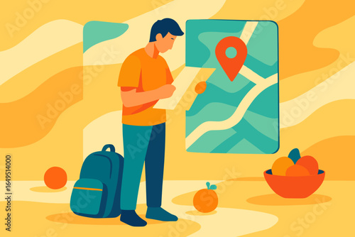 A traveler examines a city map amidst cultural exploration in a vibrant and lively traditional market setting
