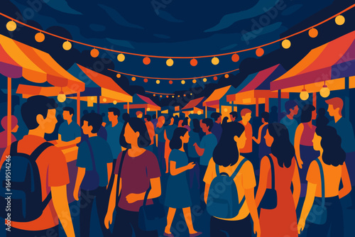Vibrant Asian night market scene featuring traditional food stalls, colorful lanterns, and a lively crowd, ideal for cultural events and promotional activities
