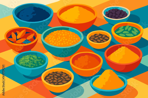 Colorful sacks of Middle Eastern spices accompanied by a traditional lantern and adorned with Islamic patterns